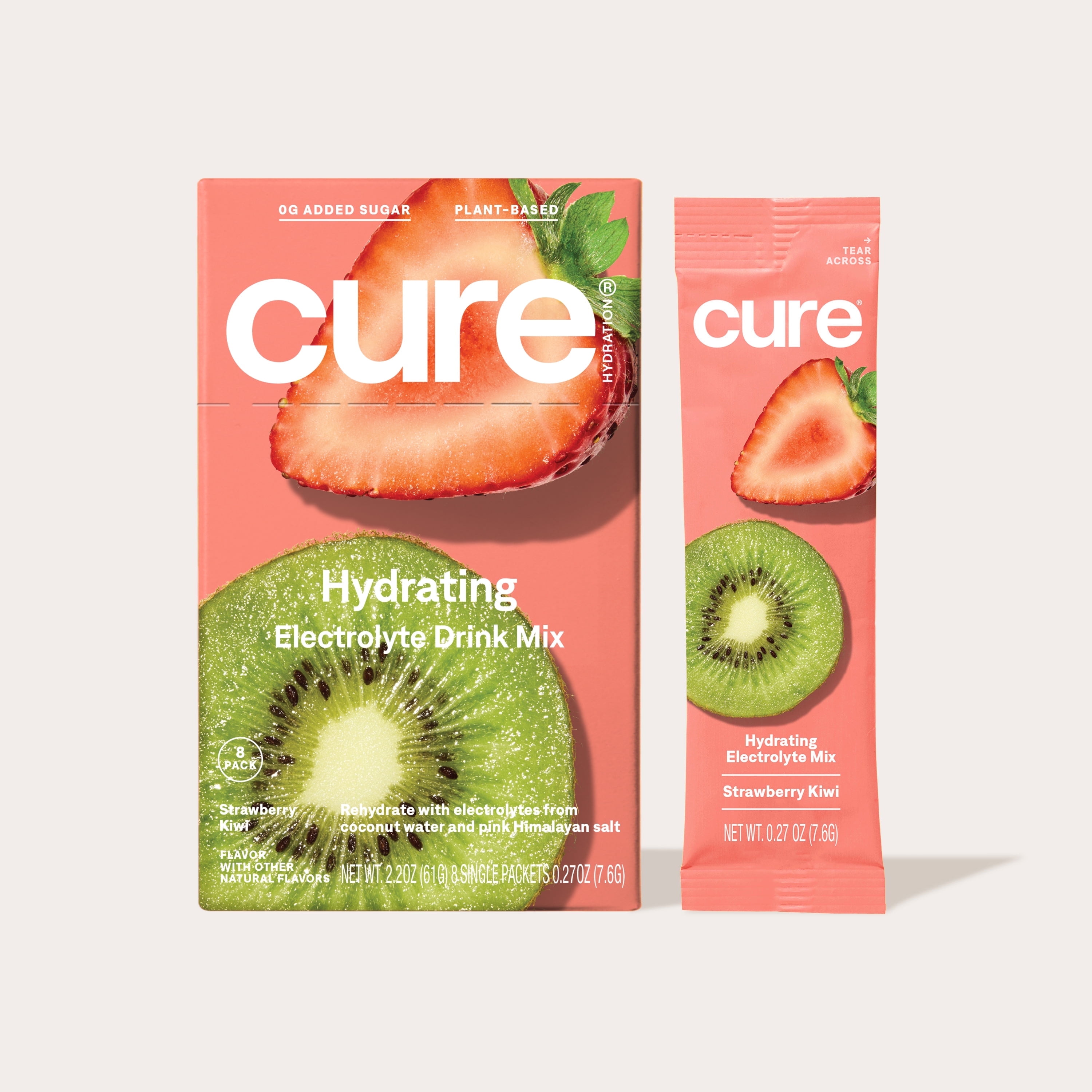 Cure Hydration Plant Based Electrolyte Mix | Powder for Dehydration Relief | Made with Coconut Water | Non-GMO | No Added Sugar | FSA & HSA | Vegan | Box of 8 Packets - Strawberry Kiwi