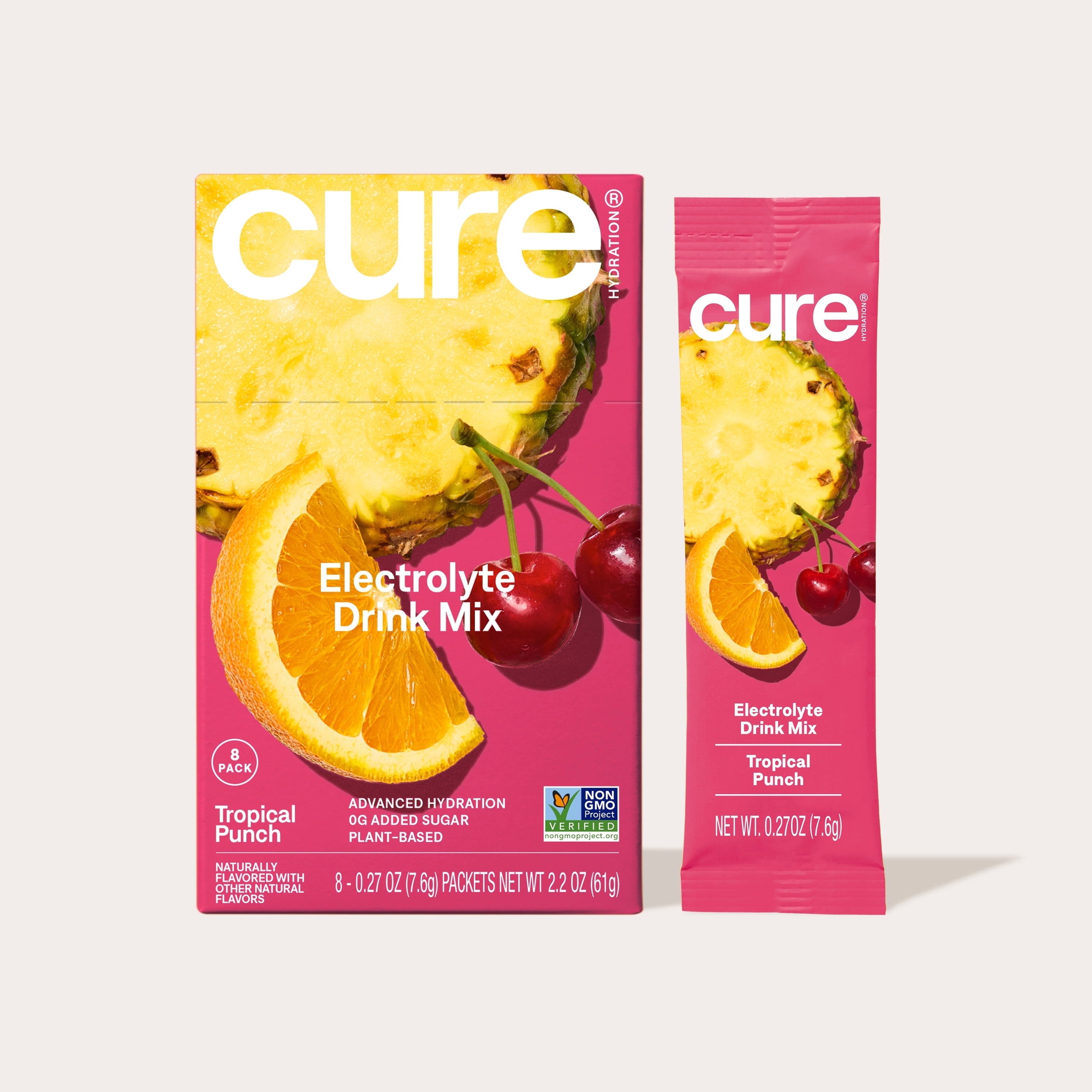 Cure Hydration Plant Based Electrolyte Mix | Powder for Dehydration Relief | Made with Coconut Water | Non-GMO | No Added Sugar | FSA & HSA | Vegan | Box of 8 Packets - Tropical Punch