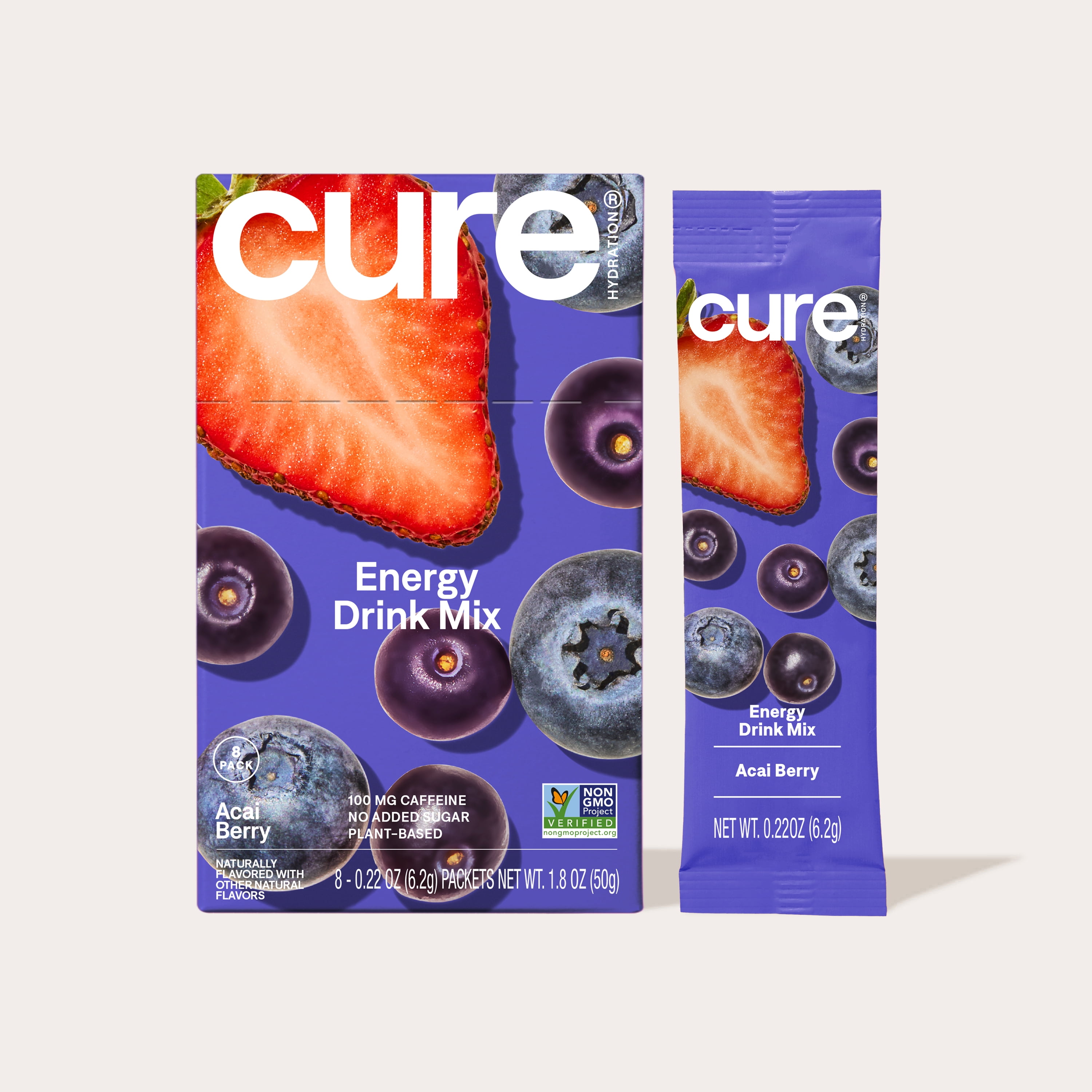 Cure Hydration Performance | Plant Based Electrolyte Energy Drink Mix | No Added Sugar | 100mg of Caffeine | Non-GMO | Vegan | Box of 8 Packets - Acai Berry