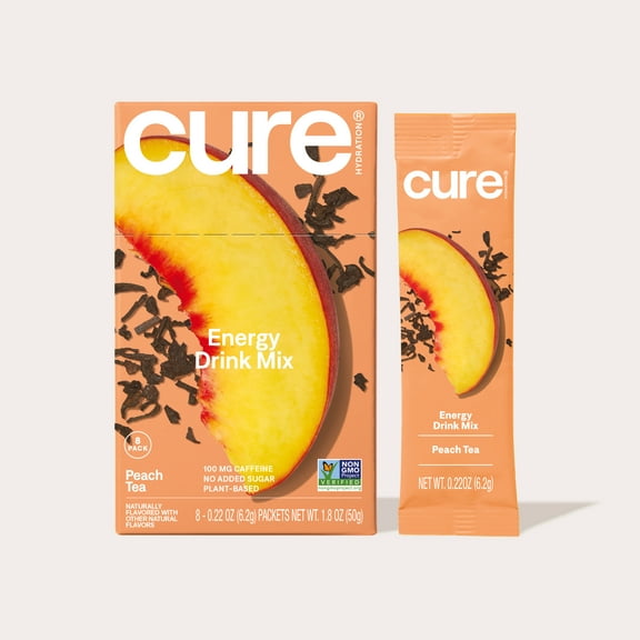 Cure Hydration Performance | Plant Based Electrolyte Energy Drink Mix | No Added Sugar | 100mg of Caffeine | Non-GMO | Vegan | Box of 8 Packets - Peach Tea