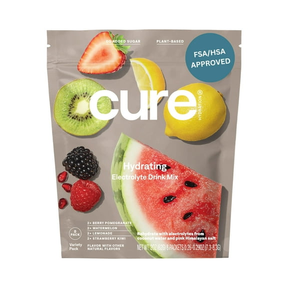 Cure Hydration | Plant-Based Electrolyte Drink Mix | No Added Sugar | FSA & HSA | Dehydration Relief Powder Made with Coconut Water | Non-GMO | Vegan | 8 Packets - Variety Pack