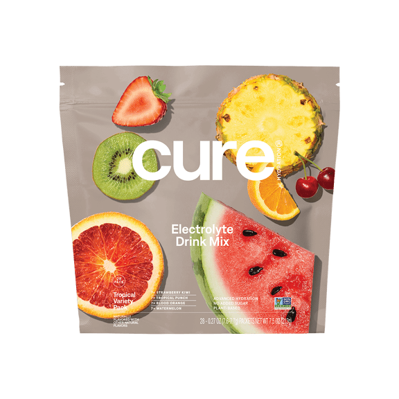 Cure Hydration Plant Based Electrolyte Mix | Powder for Dehydration Relief | Made with Coconut Water | Non-GMO | No Added Sugar | FSA & HSA | Vegan | 28 Packets - Tropical Variety Pack