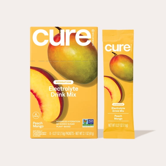 Cure Hydration Plant Based Electrolyte Mix | Powder for Dehydration Relief | Made with Coconut Water | Non-GMO | No Added Sugar | FSA & HSA | Vegan | Box of 8 Packets - Peach Mango