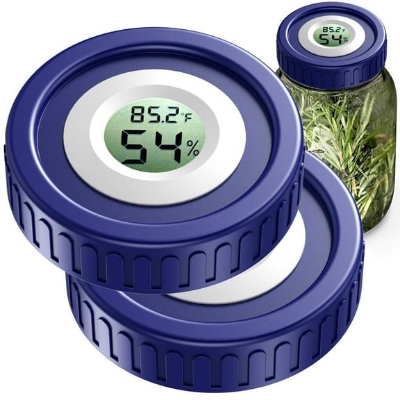 Cure Lid For Mason Jar Hygrometer Thermometer Small Digital 70MM Regular Mouth Electronic Herbs Harvest Lid Temperature Humidity LCD Display Fahrenheit/Centigrade For Mason Jar 2PCS