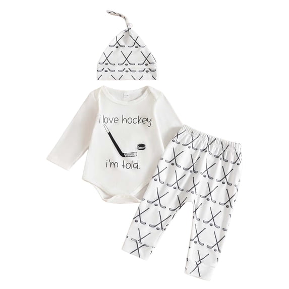 Curenmufel Baby Boy Outfits Fall Season Newborn Baby Boy Clothes Long Sleeve Letter Print Romper and Pants with Hat Coming Home Outfit 3Pcs 0 3 6 9 12 18 24 Months (White,0-3 Months)
