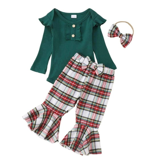 Curenmufel Baby Christmas Outfit Newborn Outfit Ribbed Ruffle Long Sleeve Romper Pant Set Newborn Infant Fall Winter Print 3Pcs Outifts 0 3 6 9 12 18 24 Months (Green,6-9 Months)