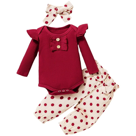 Curenmufel Baby Girl Outfits Long Slevee Baby Girl Clothes Ruffle Romper Print Bell Bottoms Outfits for Girls Newborn Cute 2Pcs Set 0 3 6 9 12 18 24 Months (Red,12-18 Months)