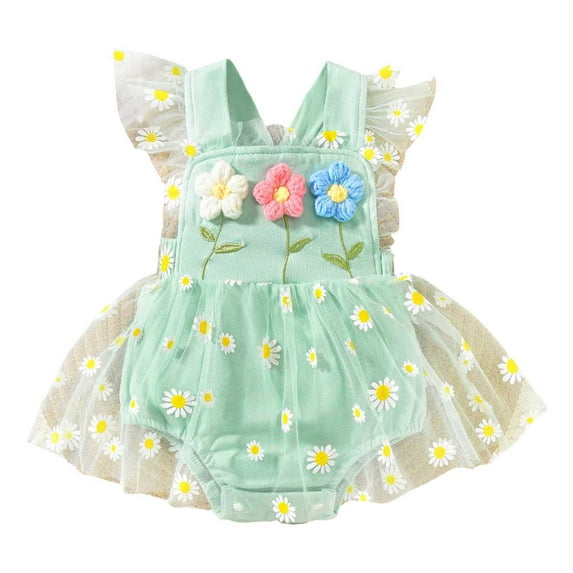 Curenmufel Baby Girl Outfits Baby Girl Birthday Outfit Floral Lace Tulle Romper Tutu Dress Cake Smash Princess Boho Clothes 0 3 6 9 12 18 24 Months (Green,Size 3-6 Months)