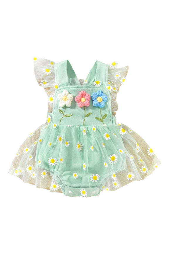 Baby Girl Outfits Baby Girl Birthday Outfit Floral Lace Tulle Romper Tutu Dress Cake Smash Princess Boho Clothes 0 3 6 9 12 18 24 Months (Green,Size 3-6 Months)