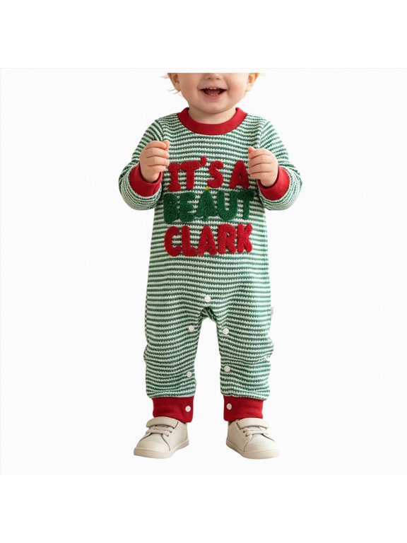 Baby Neutral Clothes Christmas Print Snap Closure Striped Slogan (Green,6-12 Months)