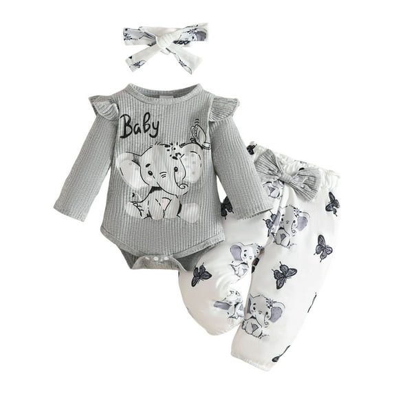 Curenmufel Coming Home Outfit Girl Fall Outfits Baby Girl Newborn Ruffle Romper Flare Pants and Headband 3Pcs Set Newborn Infant Outfits Set 0 3 6 9 12 18 24 Months (Grey,9-12 Months)