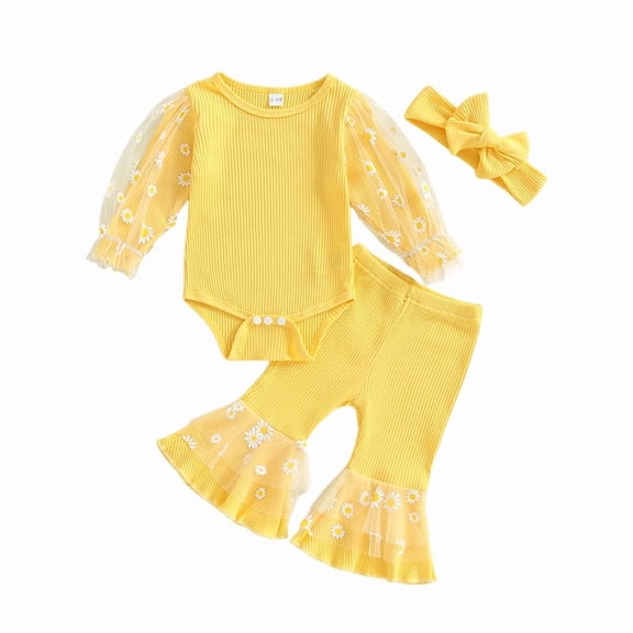 Curenmufel Cute Newborn Outfit Girl Fall Outfits Baby Girl Newborn Rib Knit Bodysuit Romper Pants Headband Hat Baby Girl Coming Home Outfit 0 3 6 9 12 18 24 Months (Yellow,3-6 Months)
