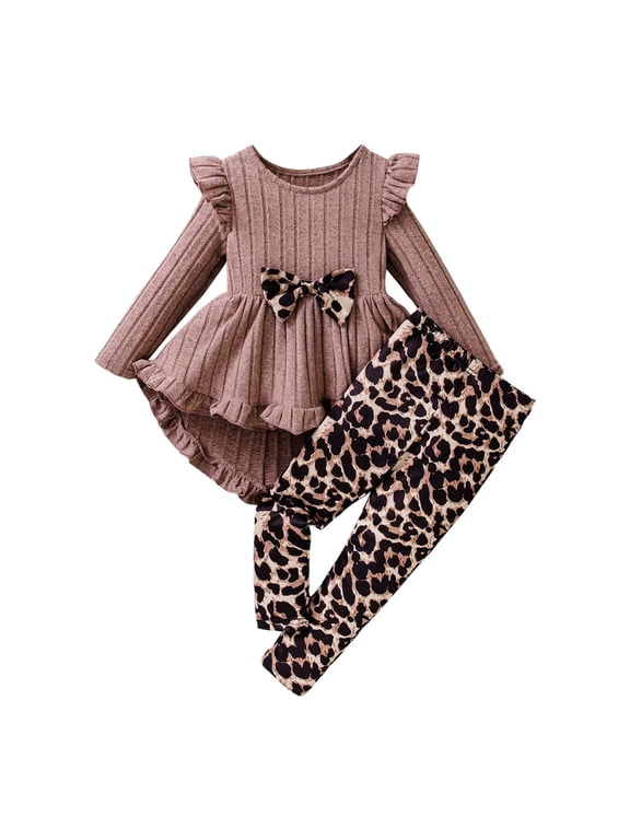 Girl Fall Outfit Girls Clothes Kids Fall Winter Outfits Long Sleeve Top Pants Casual Little Girl Clothing Size 6T 7T (Khaki,6-7 Years)