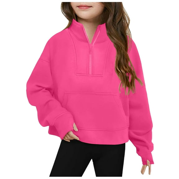 Curenmufel Girls Half Zip Sweatshirt Fleece Quarter Zip Pullover Sweatshirts Fall Clothes for Teen Girls Thumb Hole 5T 6T 7-8 8-10 10-12 12-14 (Hot Pink,5-6 Years)