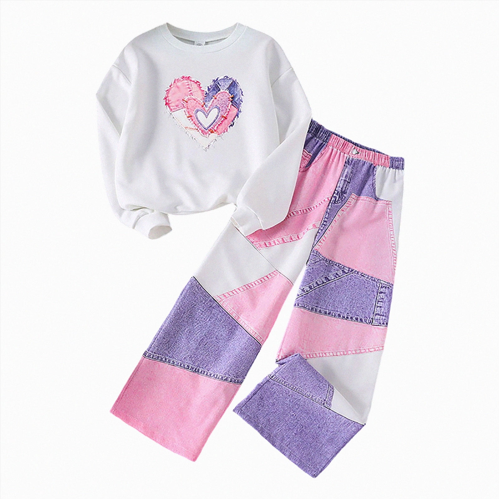 Curenmufel Girls Outfit Set Patchwork Heart Print Long Sleeve Crew Neck ...