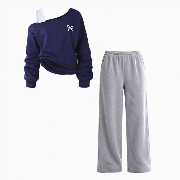 Curenmufel Girls Sweatshirt Set Off Shoulder Long Sleeve Top Bow Detail Wide Leg Pants Outfit Size 15-16