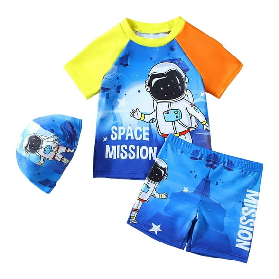 Curenmufel Baby Toddler Boys 3 Pieces Swimsuit Set Boys Swimwear Dinosaur Bathing Suit Rash Guards UPF 50+ 0-3 Years (Blue,6-7 Years)