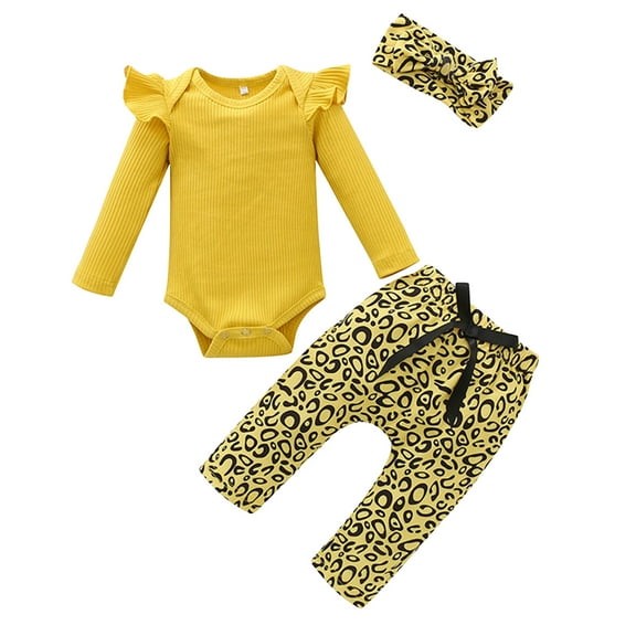 Curenmufel Outfits for Girls Winter Baby Girl Clothes Outfits Romper Ruffle Pants Cute Toddler Baby Girl Clothes Set 0 3 6 9 12 18 24 Months (Yellow,9-12 Months)
