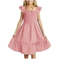 thumbnail image 1 of Curenmufel Little Girls Dresses Girls Dresses Double Pleated Sleeve Square Neck Off Shoulder with Pockets Tween Sundress Size 3T 4T 5T 6T 7T 8-14 Years(Pink,4-5 Years), 1 of 4