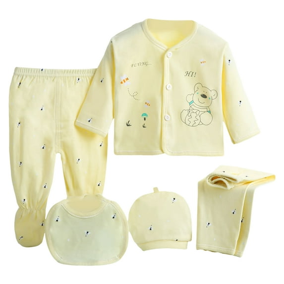 Curenmufel New Born Clothes Baby Girl 5PCS 0-3M Boys Girls Baby Cotton Clothes Tops Hat Pants Suit Outfit Sets OneSize 0-3 Months (Yellow,0-3 Months)