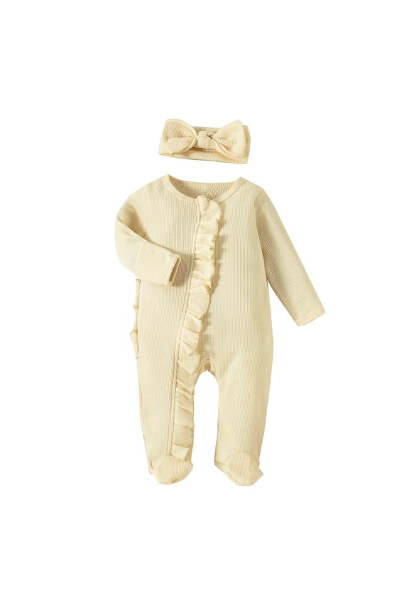 Girl Footies Romper Solid Color Frills Baby Jumpsuit Zip Up Romper Clothes with Headband 0 3 6 9 12 18 Months (Beige,6-12 Months)