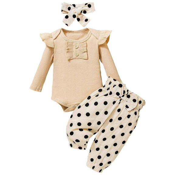 Curenmufel Outfits Baby Girl Coming Home Outfit Girl Set Ribbed Knitted Cotton Long Sleeve Romper Long Pants Fall Winter Outfits 0 3 6 9 12 18 24 Months (Khaki,12-18 Months)