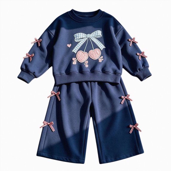 Curenmufel Playwear Girls Tracksuit Long Sleeve Crewneck Top and Long Pants 5T 7T (Navy,5-7 Years)
