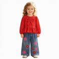thumbnail image 1 of Curenmufel School Ready 2 Piece Outfit for Girls Long Sleeve Top and Denim Pants Toddler Outdoor Daily Clothes 4T (Red,4 Years), 1 of 5