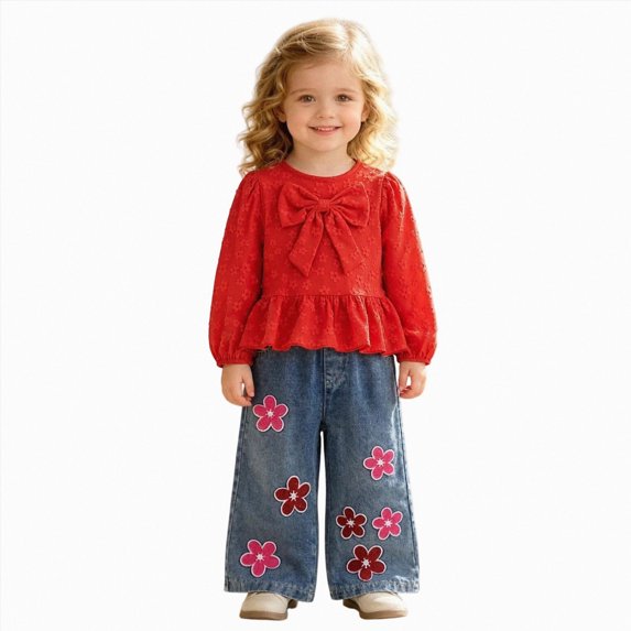 Curenmufel School Ready 2 Piece Outfit for Girls Long Sleeve Top and Denim Pants Toddler Outdoor Daily Clothes 4T (Red,4 Years)
