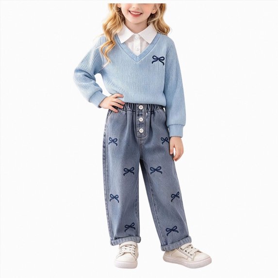 Curenmufel Spring Casual Attire Set for Kids Girls Long Sleeve Top Matching Denim Long Pants Everyday Outfit 4T 5T (Light Blue,4-5 Years)