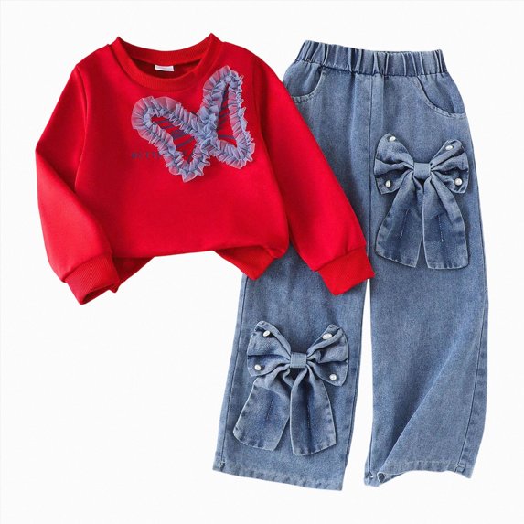 Curenmufel Spring Fall Clothing Set for Toddler Girls Long Sleeve Top Matching Denim Bottoms School Outfit 6T (Red,6 Years)