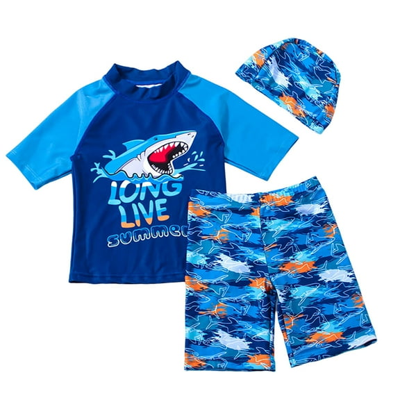 Curenmufel Swimsuit Baby Toddler Boys 3-Pieces Swimsuit Sets Blue Shark Bathing Suit Rash Guards Sunsuit Swimwear with Hat UPF 50+ 12 Months-9 Years (Blue,18-24 Months)