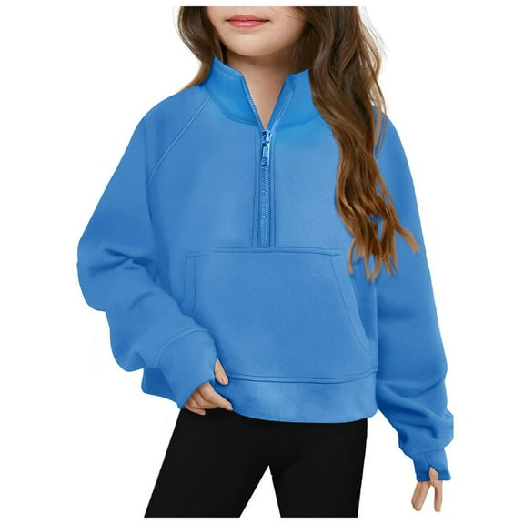 Curenmufel Toddler Sweatshirt Girls Half Zip Crop Sweatshirt for Girls Long Sleeve Pullover Tops Kids Lightweight Fleece Winter Clothes 3T 4T 5T 6T 7-14 (Blue,6-7 Years)