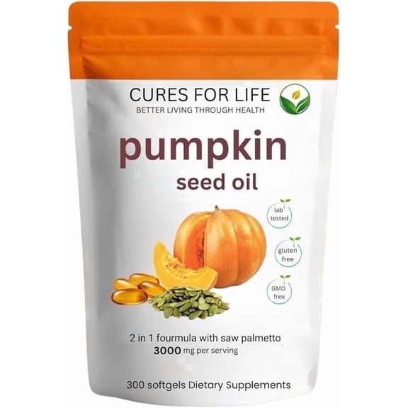 Cures For Life Pumpkin Seed Oil with Saw Palmetto 3000mg Per Serving, 300 Softgels | Cold Pressed Virgin Oil | Supports Prostate, Bladder, Urinary & Hair Health | Non-GMO