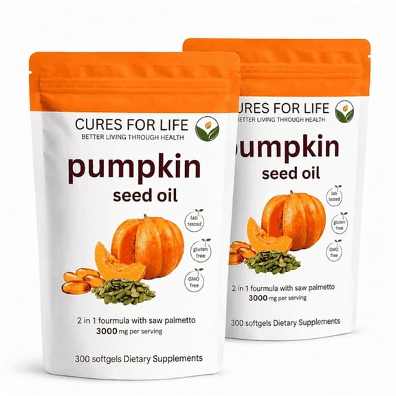 Cures For Life Pumpkin Seed Oil Softgels with Saw Palmetto - 600 Softgels (2 Pack) | 3000mg per Serving | Cold Pressed Virgin Oil | Supports Prostate, Bladder, Urinary & Hair Health | Non-GMO