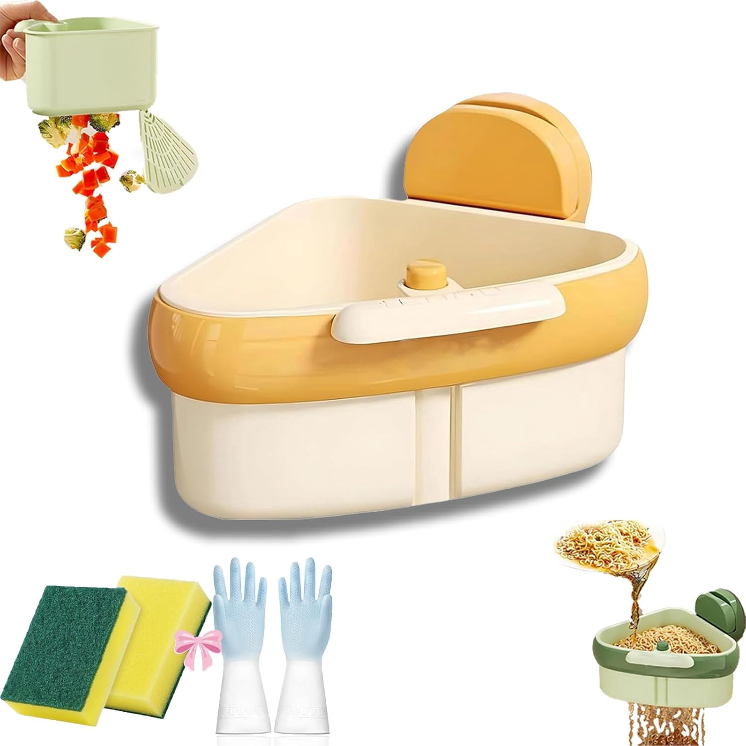 Suction Cup Sink Corner Rack – 2025 Self-Cleaning Press Strainer Basket With Sponges, Tool-Free Grip, No-Touch Waste Disposal, Sunny Yellow