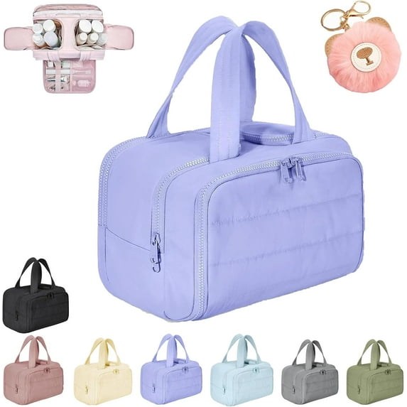 Curetoaway Travel Cosmetic Bag, Cureaway Large Capacity Wide-Open Travel Cosmetic Bag, Curetoaway-Z Lightweight Waterproof Puffer Toiletry Bag, Dry-and-Wet Separation with 4 Compartments (Purple)