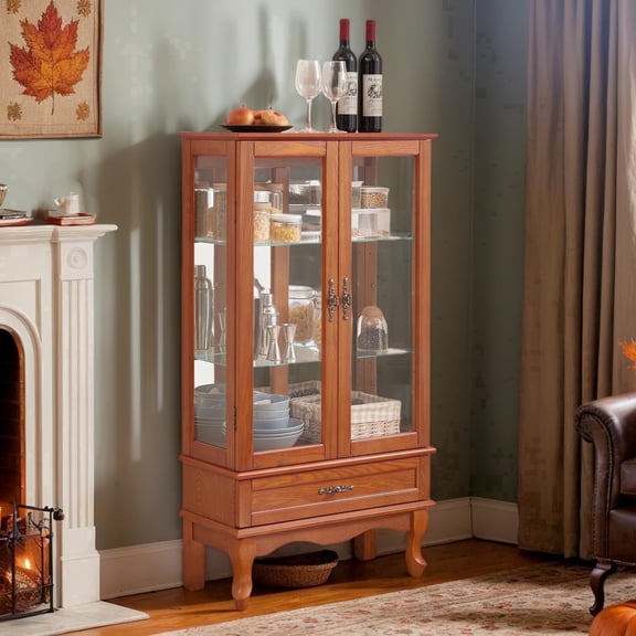CKEASEAN 52" Lighted Accent Curio Cabinet with 2 Glass Doors & 1 Drawer, 3-Tier Antique Cabinet with Tempered Glass Adjustable Shelves & Drawer, Storage Display Case for Living Room, Bedroom,Office