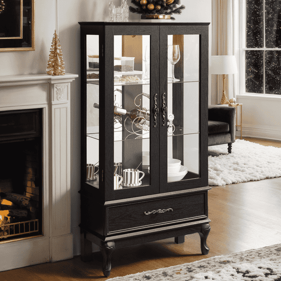 CKEASEAN 52" Lighted Accent Curio Cabinet with 2 Glass Doors & 1 Drawer, 3-Tier Antique Cabinet with Tempered Glass Adjustable Shelves & Drawer, Storage Display Case for Living Room, Bedroom,Office