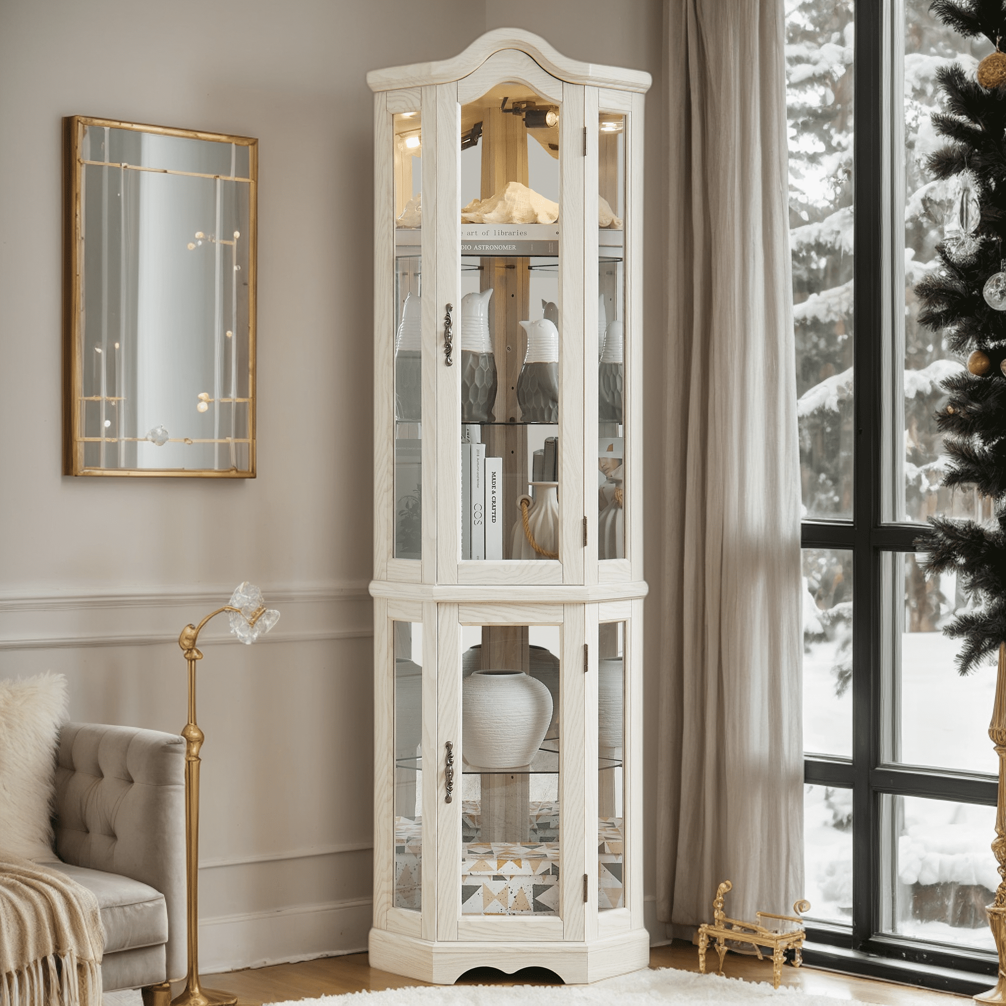 CKEASEAN 70"H Lighted Corner Curio Cabinet, Wooden Glass Display Case with 4 Adjustable Tempered Glass Shelves, Freestanding Wine Cabinet with Glass Shelves Vintage for Living Room and Bedroom & Bar