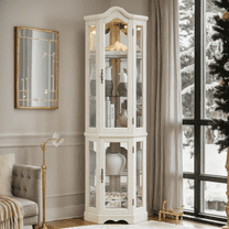 Curio Cabinet 70" Lighted Glass Corner Cabinet, Corner Display Cabinet with Adjustable Glass Shelves Vintage, Curio Display Cabinet Light Bulb Included, China Cabinet with 6 Shelve
