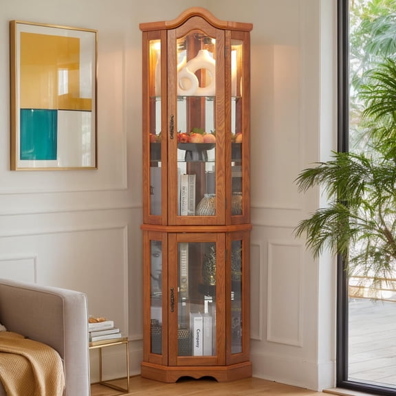 Curio Cabinet 70" Lighted Glass Corner Cabinet, Corner Display Cabinet with Adjustable Glass Shelves Vintage, Curio Display Cabinet Light Bulb Included, China Cabinet with 6 Shelve
