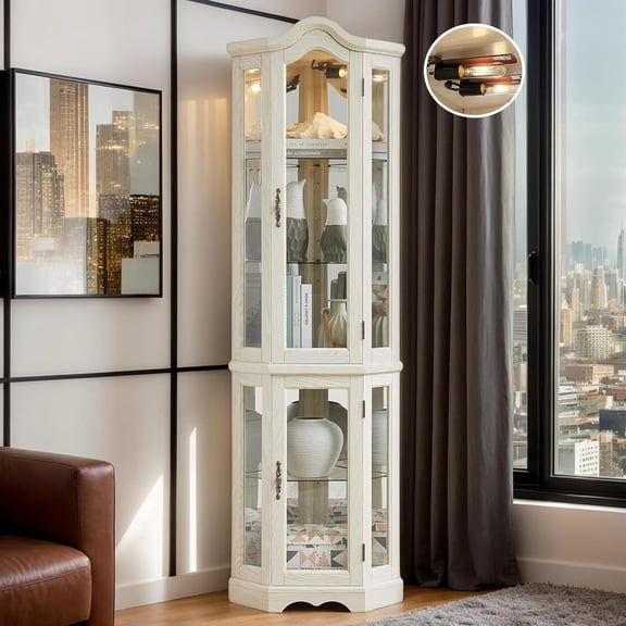 CKEASEAN 70"H Lighted Corner Curio Cabinet, Wooden Glass Display Case with 4 Adjustable Tempered Glass Shelves, Freestanding Wine Cabinet with Glass Shelves Vintage for Living Room, Bedroom, Bar