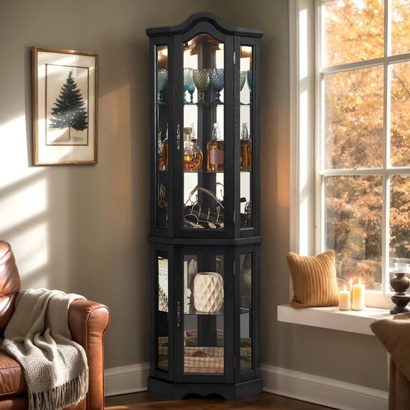 CKEASEAN 70"H Lighted Corner Curio Cabinet, Wooden Glass Display Case with 4 Adjustable Tempered Glass Shelves, Freestanding Wine Cabinet with Glass Shelves Vintage for Living Room and Bedroom & Bar