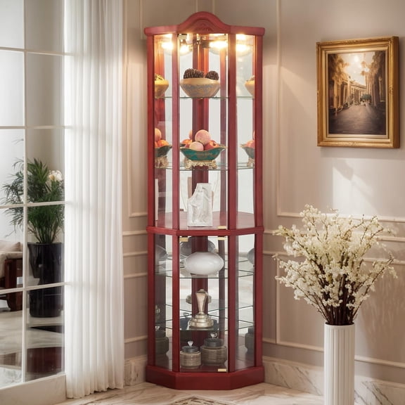 Curio Cabinet 72" Lighted Glass Corner Cabinet, Corner Display Cabinet with 6 Adjustable Glass Shelves Vintage, Curio Display China Cabinet Light Bulb Included
