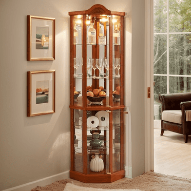 Curio Cabinet 72" Lighted Glass Corner Cabinet, Corner Display Cabinet with 6 Adjustable Glass Shelves Vintage, Curio Display China Cabinet Light Bulb Included