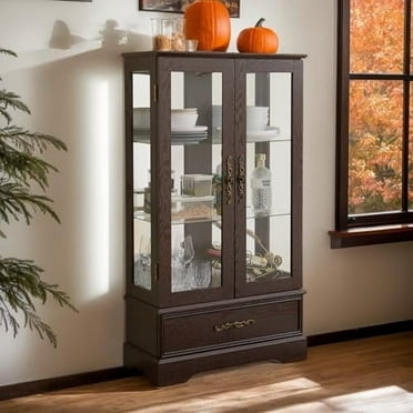 CKEASEAN Lighted Curio Cabinet with Glass Shelves & Mirrored Back, Living Room Showcase