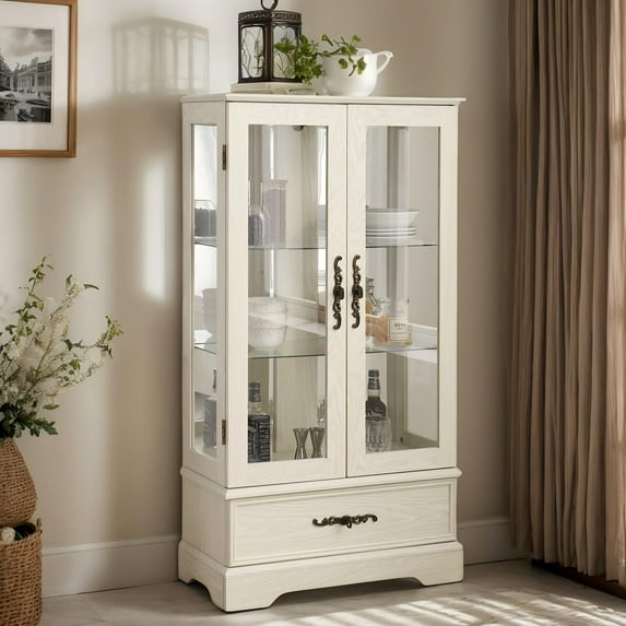 CKEASEAN Lighted Curio Cabinet with Glass shelves, Glass Display Cabinet with Mirrored Back Panel, China Showcase for Living room