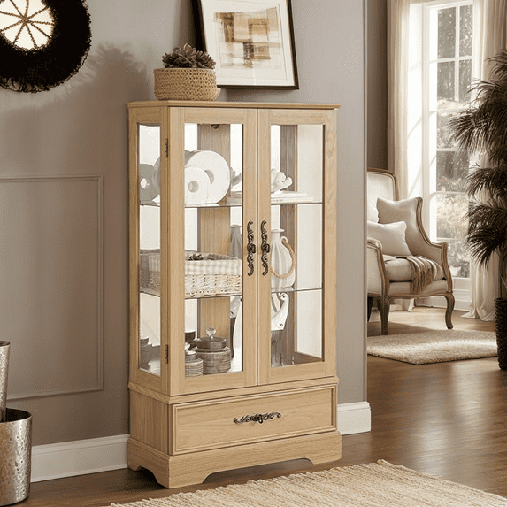CKEASEAN Lighted Curio Cabinet with Glass Shelves & Mirrored Back, Living Room Showcase