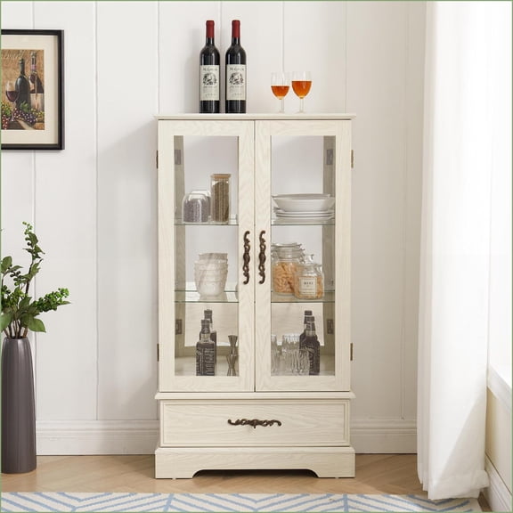 Curio Cabinet, American Retro Lighted Display with Adjustable Glass Shelves, 2 Doors & 1 Drawer, Off-White | MDF+Glass